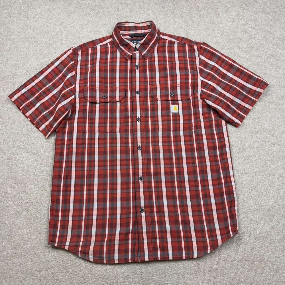 Carhartt Button Up Shirt Men's Size M Red Plaid Workwear Loose Fit Short Sleeve